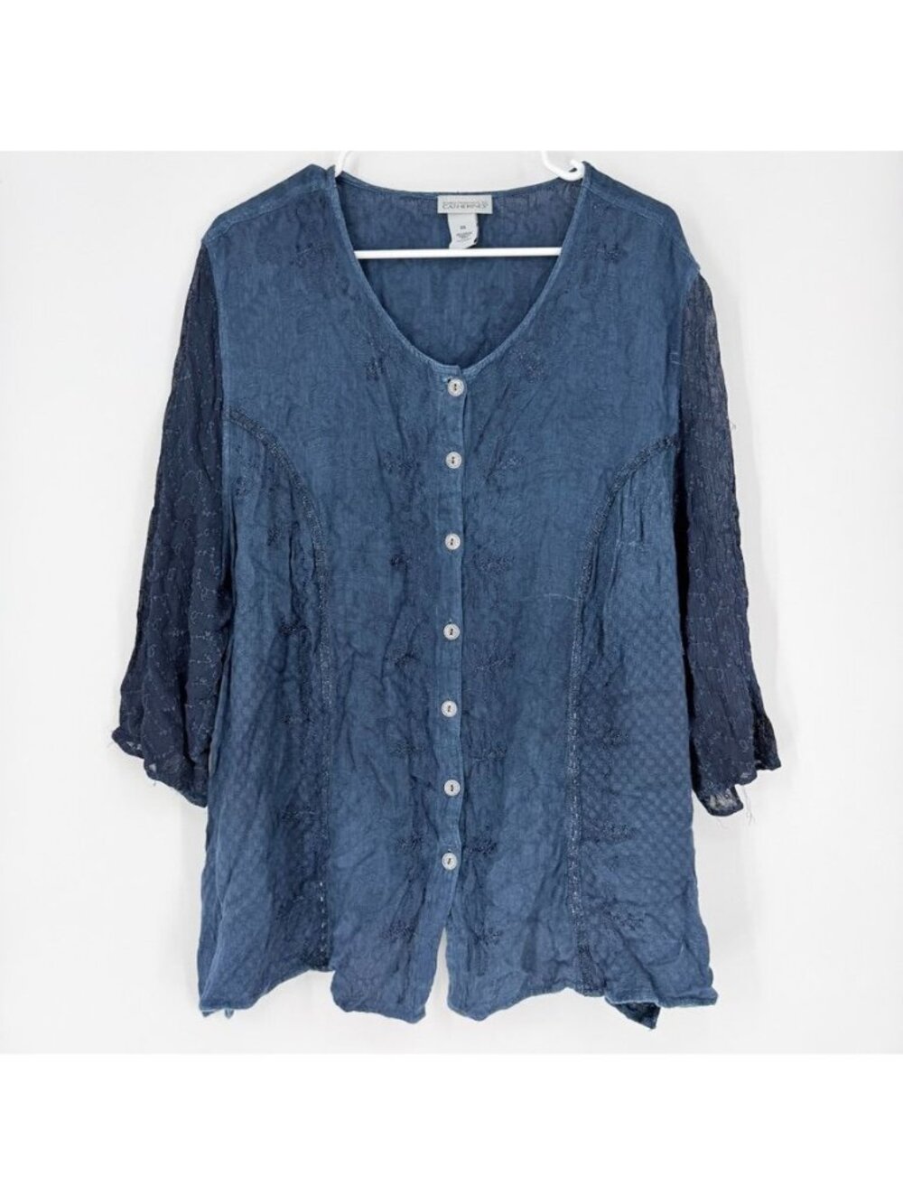 Catherines Plus 2X Women's Button Up Top Blue Lace 3/4 Sleeve